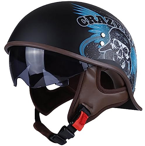 WYXAXNM Halbschalenhelm Brain-Cap Halbschale Jet-Helm Motorrad-Helm Roller-Helm Scooter-Helm Mofa-Helm DOT/ECE-Zulassung Retro Chopper Cruiser Helm mit Built-in Visier für Herren Damen,J-L(57~58cm)