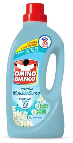 Omino Bianco - Detersivo Lavatrice Liquido, 35 Lavaggi, Rispetta Colori e Tessuti, Fresco Profumo con Essenza di Muschio Bianco, 1400 ml