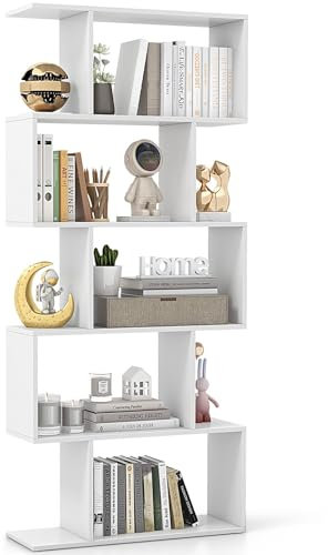 CASART 5/6 Tier Wooden Bookcase, Free Standing Shelving Stand Rack, S-Shaped Bookshelf Storage Display Unit (White,70 x 24 x 158cm)