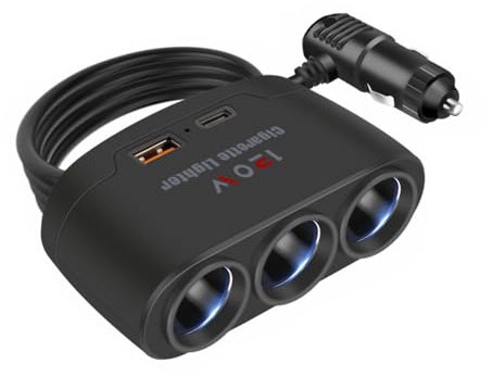 Shkalacar 3in1 Auto Zigarettenanzünder Verteiler 12-24V, 120W Auto KFZ Ladegerät Adapter mit USB und PD Schnittstellen, 3 Buchsen Stecker Ladekabel Splitter für Auto, LKW, SUV