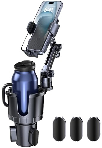 Giftorld Soporte de 2 en 1 para portavasos y teléfono celular con base ajustable y cuello largo para coche, soporte de teléfono de 360° compatible con iPhone y smartphones de 4-7 y la mayoría de