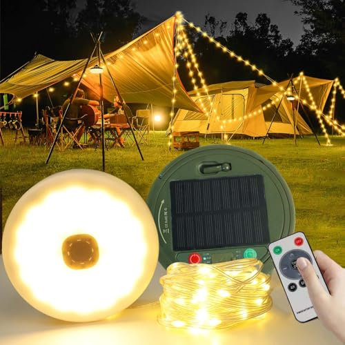 Guirlande Lumineuse Solaire de Camping 10M Rechargeable USB-C/Solaire - 8 Modes d'Éclairage, Télécommande, Minuterie, 12H Autonomie, IP44, Léger 270g - Blanc Chaud pour Tente, Jardin, Randonnée, Noël.
