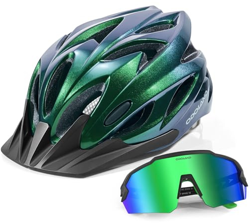 Odoland Bike Helmet with Cycling Sunglasses, Adjustable Size Adult Cycling Helmets for Men Women Road Bike Mountain Ebike, Aurora Green