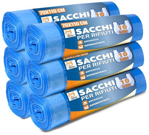 Akitaink - 60 Sacchetti Spazzatura 110L, 6 Rotoli da 10 Sacchi Pattumiera 70x110cm Blu, Ultra Resistenti Antigoccia Antistrappo, Sacchi Immondizia Casa Ufficio
