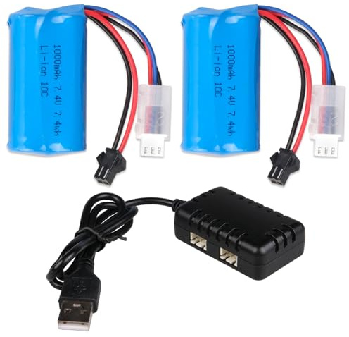 2 stycken 7,4 V 1 000 mAh 2S Li-Ion batteri med SM-2P-kontakt och USB-laddare för WPL MN D90/91, 99/99s D12 RC bil, H101 fjärrstyrd båt och Ansky Gel Ball Blaster