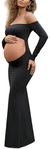 Bhome Maternity Dress for Photoshoot Sexy Off Shoulder Long Sleeve Maxi Gown Pregnancy Cutout Dress for Baby Shower, Black, M