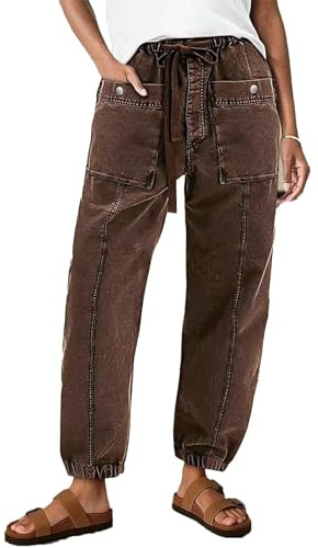 Flamingals Straight Leg Mid Waist Drawstring Solid Patch Pocket Crop Carrot Pants Mocha L