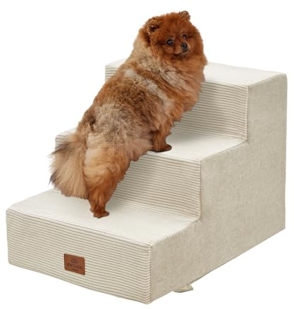 Joydeco Dog Stairs for Bed 15 H, 3-Step Pet Steps for Small Dogs and Cats, Dog Steps for High Bed, Non-Slip Balanced Ramp Indoor Pet Stairs, Beige