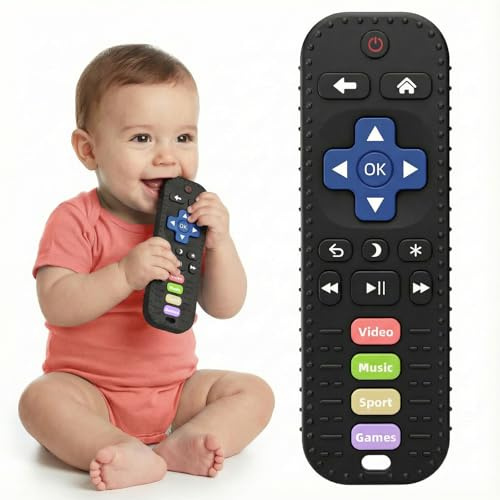 Baby Teething Toys, Remote Control Sensory Teether, Silicone Chew Toy for Teething Relief, BPA-Free Baby Remote Gift for Infants 3-6, 6-12 Months (Black)
