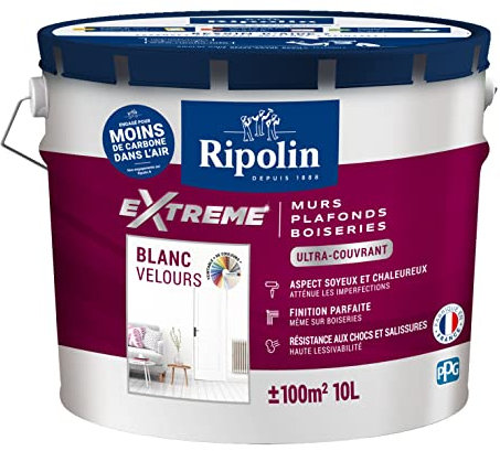 RIPOLIN - Peinture Monocouche pour Murs, Boiseries & Radiateurs - Intérieur - Finition Parfaite - Haute Résistance aux Chocs & Salissures - Lessivable - Velours - 10L - Blanc