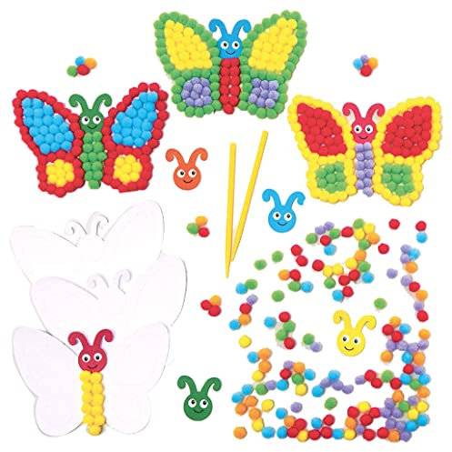 Baker Ross FC809 Schmetterling Pom Pom Bastelset - 5er Pack, Selbstklebende Karte mit farbigen PomPoms zum Basteln für Kinder