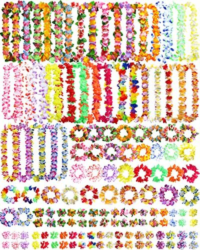 144 Decorazioni di Leis Hawaiane, Collane con Fiori, Bracciali e Fasce per Capelli, per Feste Tropicali, Feste in Spiaggia, Serate Hawaiane, Bar e Vacanze al Mare
