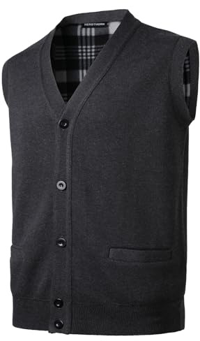 Herothorn Men's Fleece-Lined Button-Up Sleeveless Cardigan Traditional Vest with Stand-Up Collar Winter Gilet Thick Sweater, darkgray, XL