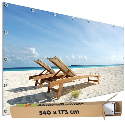 TRIOSK Sichtschutz Garten Dekoration Plane groß mit Natur Motiv Meer Strand Liegestuhl Motivbanner Blickdicht für Terrasse Zaun Gartenzaun Gartenposter PVC Zaunblende 340x173 cm