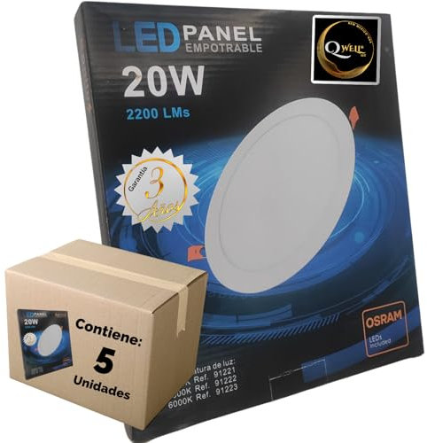QWell® - 5 X Panel Downlight LED Redondo 20W | 20 cm. | 2200 LM 6000K | Extraplano Empotrar en Techo | Eficiencia Energética Clase B | Vida útil 50,000 Hrs | Driver Incluido