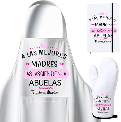 Kembilove Regalo Dia de la Madre - Pack Dia de la Madre Personalizado - Delantal Cocina - Manoplas Horno - Recetario - Regalos para Abuela - A Las Mejores Madres Las ascienden a Abuelas