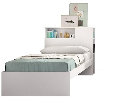 DEKIT GRUPO RIMOBEL Ten - Cama con almacenaje en Cabezal y aro de Cama de 90X190 - Blanco - 96 x 99 x 218,2