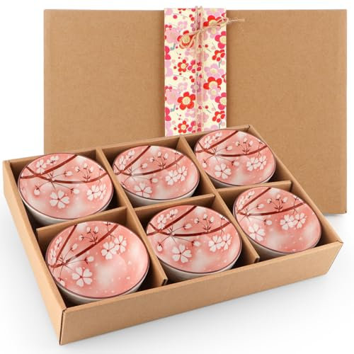 Sanbege Ceramic Rice Bowls 10 oz, Sakura Bowl Gift Set, Dinnerware Serving Bowls for Rice, Cereal, Noodle, Soup, Desserts, Pack of 6 (Pink)