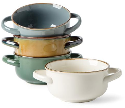 MONITO Ceramic Salad Bowl with Handles, 28 oz French Onion Soup Bowls, Ceramic Soup Bowls for Cereal, Pasta, Chilli, Beef Stew, Stackable Serving Bowl Set of 4 (28 OZ)