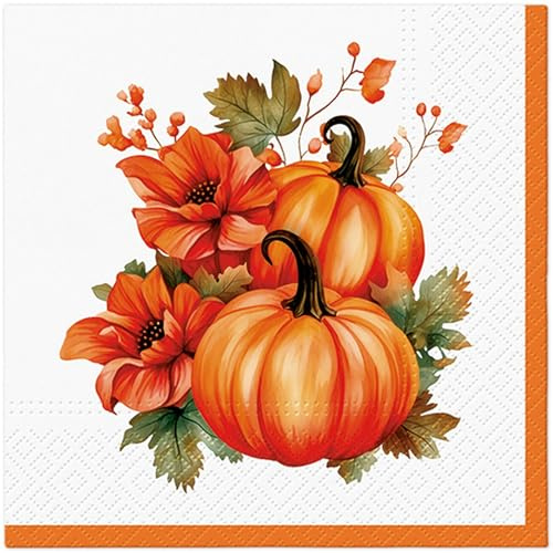 20 Servietten Herbst Kürbisse an Blumen als Tischdeko. Papierservietten mit Motiv. Auch für Decoupage und Serviettentechnik 33x33cm