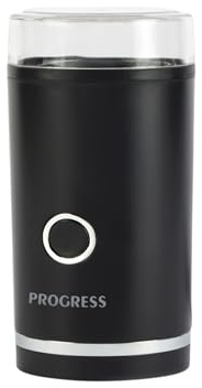 Progress Electric Coffee Grinder – Coffee Bean, Nut, Herb & Spice Grinding Mill, 70g Capacity, Stainless Steel Blades, One-Touch Fast Operation, Powerful, Compact, Transparent Lid, 180W, Black
