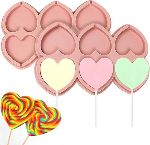 joonnair 2 Molde de Silicona en Forma de Corazón para Piruletas, Moldes de Piruletas de Corazón con 50 Palitos de Piruleta, piruletas corazon Moldes de Silicona para Piruletas Moldes para Piruletas