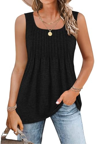 WNEEDU Camiseta de Verano Sin Mangas para Mujer Blusas Sexy Elegantes Loose Fit Tallas Grandes Cuello Cuadrado Camisa Suelta Top Casual T-Shirts Negro XL