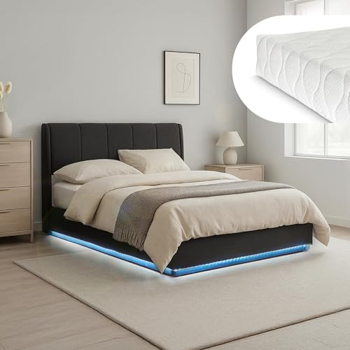 [en.casa] Letto Contenitore con Apertura a Ribalta e Luce LED Letto Matrimoniale con Materasso 160x200 cm e Testiera Rivestimento in Effetto Lino - Nero