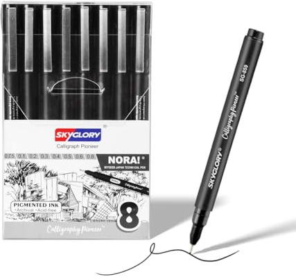 SKYGLORY 8 Pack Fineliner Pens for Beginner Artists, 0.05-0.8mm Black Technical Drawing Pens with Archival Acid-Free Ink for Comic Inking, Sketching & Bullet Journal Art Supplies