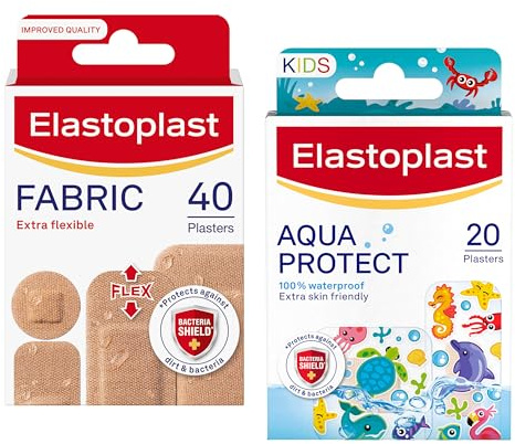 Bundle of Elastoplast Extra Flexible Fabric Plaster Strips (40 Pieces) + Elastoplast Aqua Protect Kids Plasters (20 Pieces), Wound Protection Duo, Water-Repellent