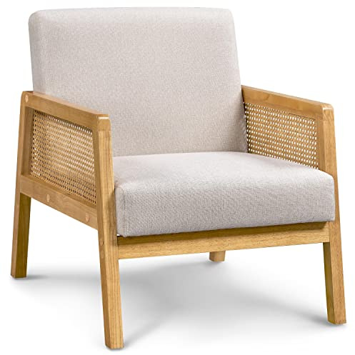 Yaheetech Fauteuil de Salon en Bois Design Rotin Massif et en Tissu Chaise en Rotin avec Coussins Rembourrés Fauteuil d'appoint Chaise Cannage pour Salon Chambre Terrasse Véranda Jardin Beige