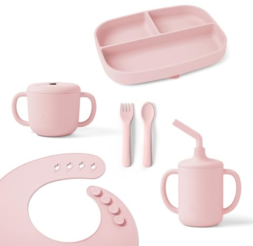 Ergobaby Deluxe barnservis för spädbarn och småbarn från 6 månader, barnservis med 2 koppar, bricka, haklapp och bestick, utan BPA, PVC och ftalater, Blush Pink