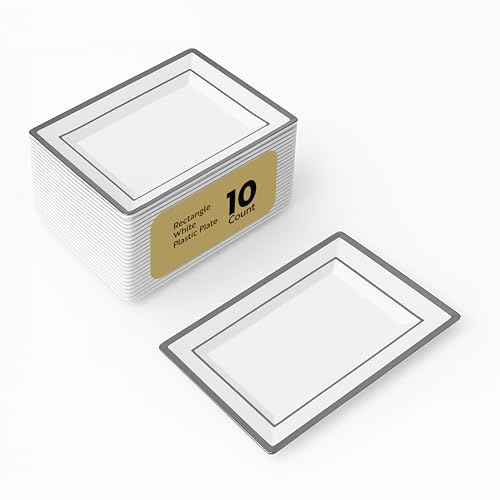 Restaurantware Moderna 7.5 x 5.3 Inch Premium Disposable Plates 10 Rectangular Plastic Plates For Parties - Silver-Rimmed Durable White Plastic Dinner Plates For Warm And Cold Foods