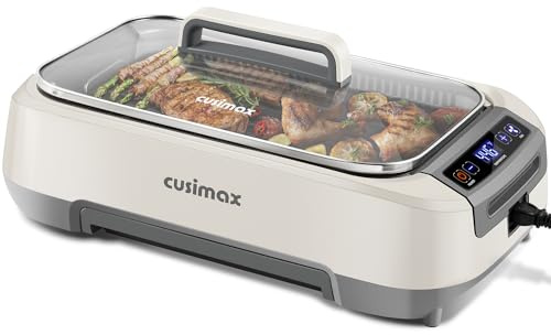 Smokeless Indoor Grill, CUSIMAX Electric Grill, 1500W Korean BBQ Grill with LED Smart Display & Tempered Glass Lid, Non-stick Removable Grill Plate, Turbo Smoke Extractor, White New Model