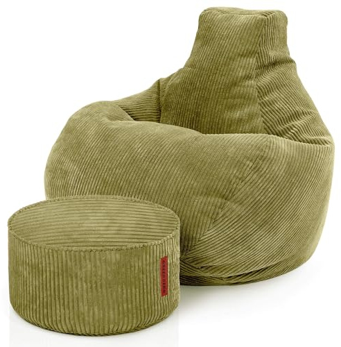 Green Bean© Beanbag con sgabello in velluto a coste - Beanbag per il soggiorno, la camera da letto, sedia a sacco per adulti Verde - circa 230L di riempimento 90x80x80 e 45x30