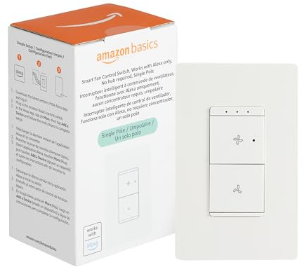 Amazon Basics Smart Ceiling Fan Control Switch, 4-Speed, Single Pole, Voice Control, Works with Alexa Only, Control from Anywhere, 2.4 GHz Wi-Fi, No Hub Required, White