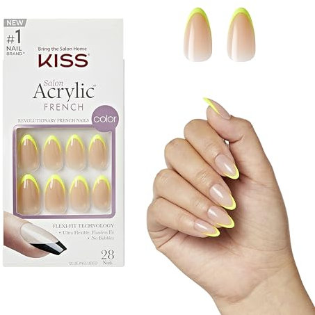 KISS Salon Acrylic French Color Press-On Nails, ‘Hype’, Neon Yellow, Medium Almond, 31 Ct.