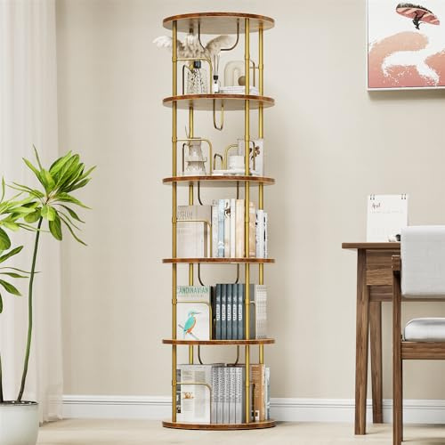 Generisch Estantería Giratoria de 360°, Librería Vertical, Estantería con 5 Niveles, Estante de Almacenamiento, Estante de Pie para Dormitorios, Oficinas y Salas de Estar, 45×45×160cm, Marrón Vintage