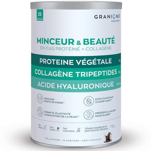 GRANIONS Collagene Marin Proteine Vegetale - Minceur & Beauté - Collagene Marin, Acide hyaluronique, Zinc, Vitamine C, Vitamine B12 - Coupe faim + Brule Graisse + Perte de poids -Goût chocolat, 375g
