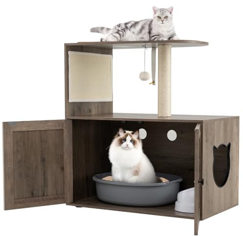 GYMAX Cat Litter Box Enclosure, Wooden Hidden Privacy Kitty Washroom Furniture Cabinet with Sisal Scratching Post & Mat, Dangling Ball, Top Perch, Indoor Cat House