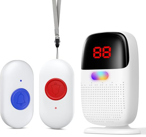 Pakinui Ausili Pulsante Salvavita Anziani, Campanello per Anziani con Display Digitale, Pulsante Emergenza Anziani Ricaricabile, Campanello Anziani con 38 Canzoni (2 Trasmettitore e 1 Ricevitore)