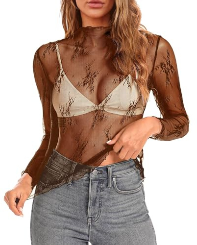T-shirt Manches 3/4 Femme en Tissu Maillé pour Femme, Col Montant, Broderie de Fleurs, T-shirt Transparent Blouse Wiesn Maillot, marron, M