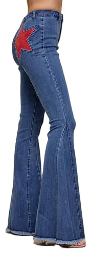 Star Patchwork Bell Bottom Jeans for Women Mid Waist Bootcut Flare Jeans Stretch Straight Leg Skinny Denim Pants