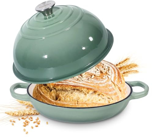 Homtone 5.5QT/26cm Enamelled Cast Iron Dutch Oven for Sourdough Bread, Dutch Oven Pot with Domed Lid, Cast Iron Bread Pot (Dusty Green, Standard)