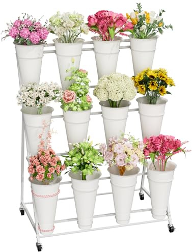 Support de fleurs à 3 niveaux avec 12 seaux, double cercle sans secousses, chariot de fleurs d'extérieur avec roues pour maison, terrasse, jardin, magasin, mariage, fête, exposition, intérieur, blanc
