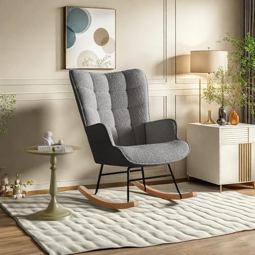 Lodera Mecedora, Silla de Amamantar con Reposabrazos, Mecedora, Silla de Amamantar de Tela Teddy Beige, Respaldo Tapizado, Patas de Madera Maciza, para Salón, Dormitorio o Balcón (Gris Oscuro)