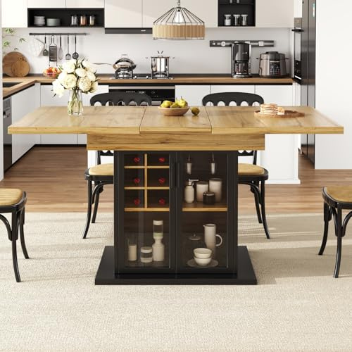 YEHTOKHOME Table à Manger Extensible 4-6 Personnes, Table de Cuisine Rectangulaire avec Rangement Vin, Porte Verre Trempé Soft-Close, pour Petits Espaces, 110-140x80 cm, Noir(A)
