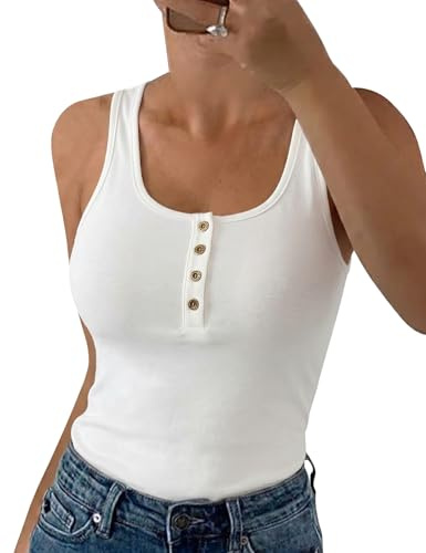CMTOP Damlinnen Sommar Ärmlös Toppar Elegant Rund Hals Linne Tunna Axelband Cami Tank Toppar Avslappnad Lös Passform T-shirt Skjorta med Knappar