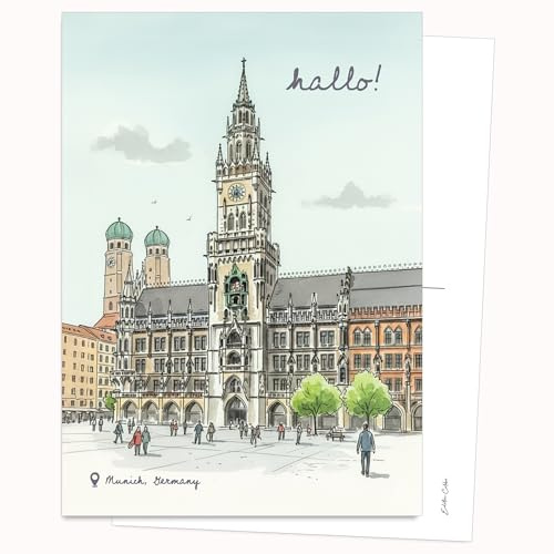 Edition Colibri Tarjetas postales – Ilustración del Ayuntamiento de Múnich | Set de 10 tarjetas planas (A6) – reverso para escribir