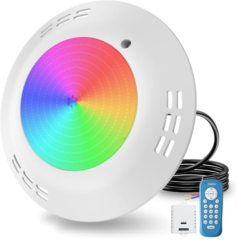 OSREE 35W Faro Piscina LED Superficie, Lampada Piscina RGB Multicolore Dimmerabile 1400lm, Ø275mm, Luce Piscina IP68 Impermeabile Riempito di Resina con Telecomando, Timer 2/4/6H, 12V AC
